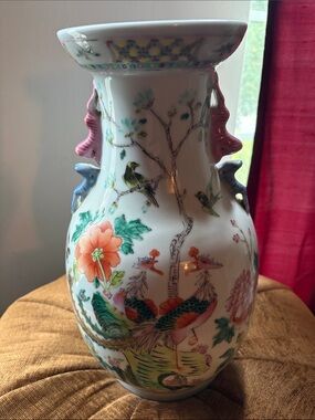 Vintage Oriental Jardiniere Painted Porcelain Vase with Peacock & Floral Motif